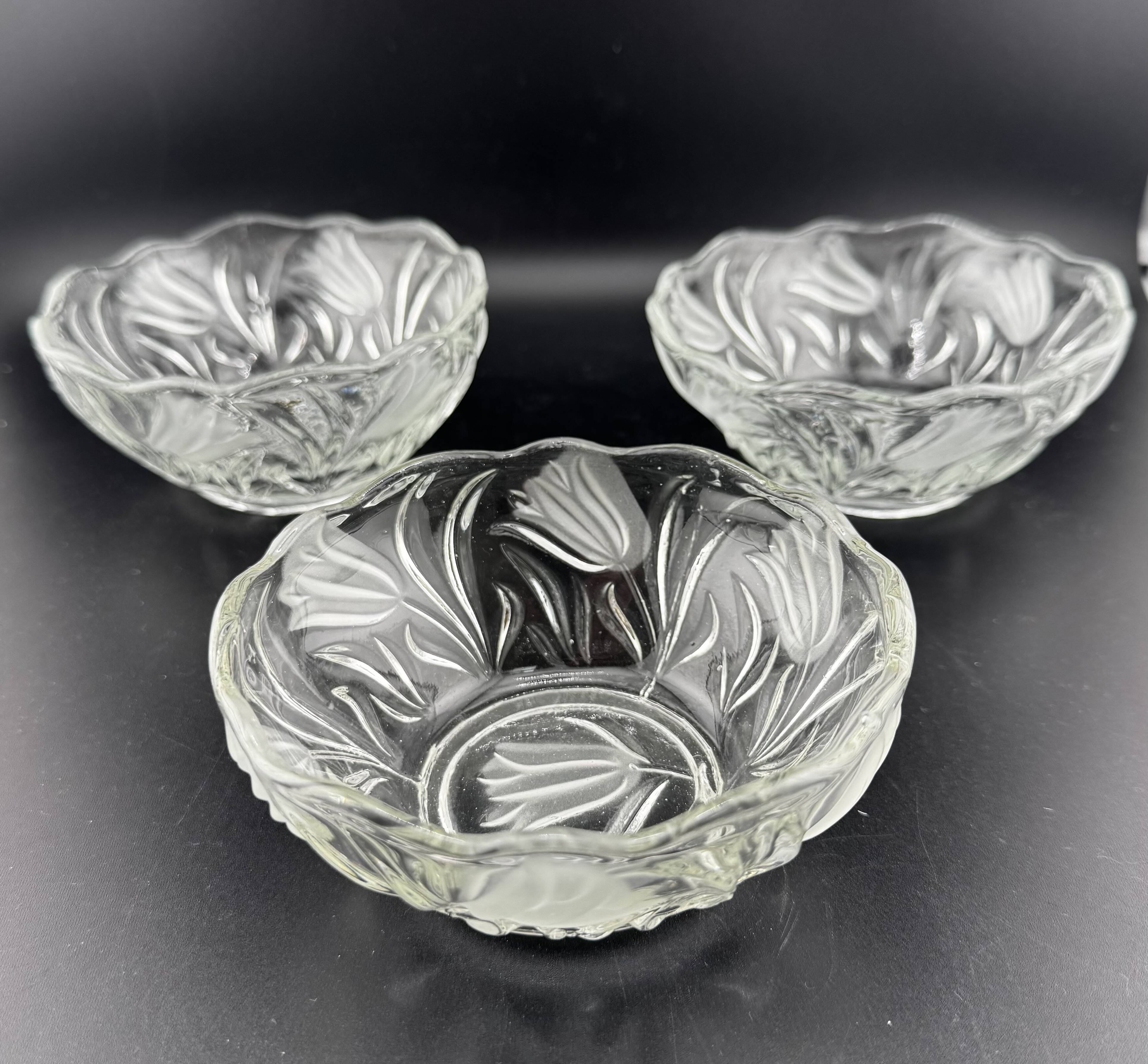 Small Pressed Glass Bowls with Frosted Tulip Decor - Vintage Bowls