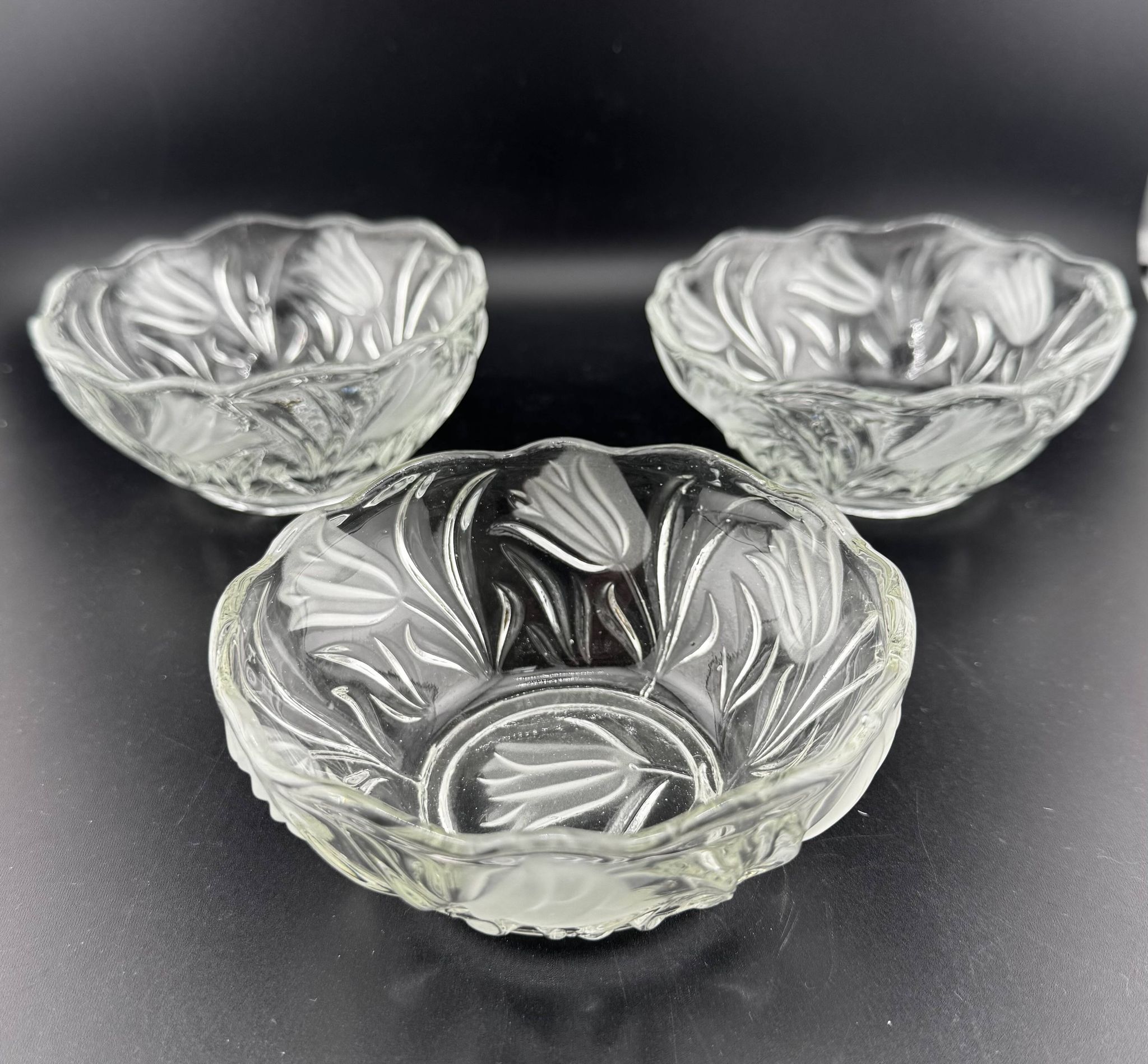Small Pressed Glass Bowls with Frosted Tulip Decor - Vintage Bowls