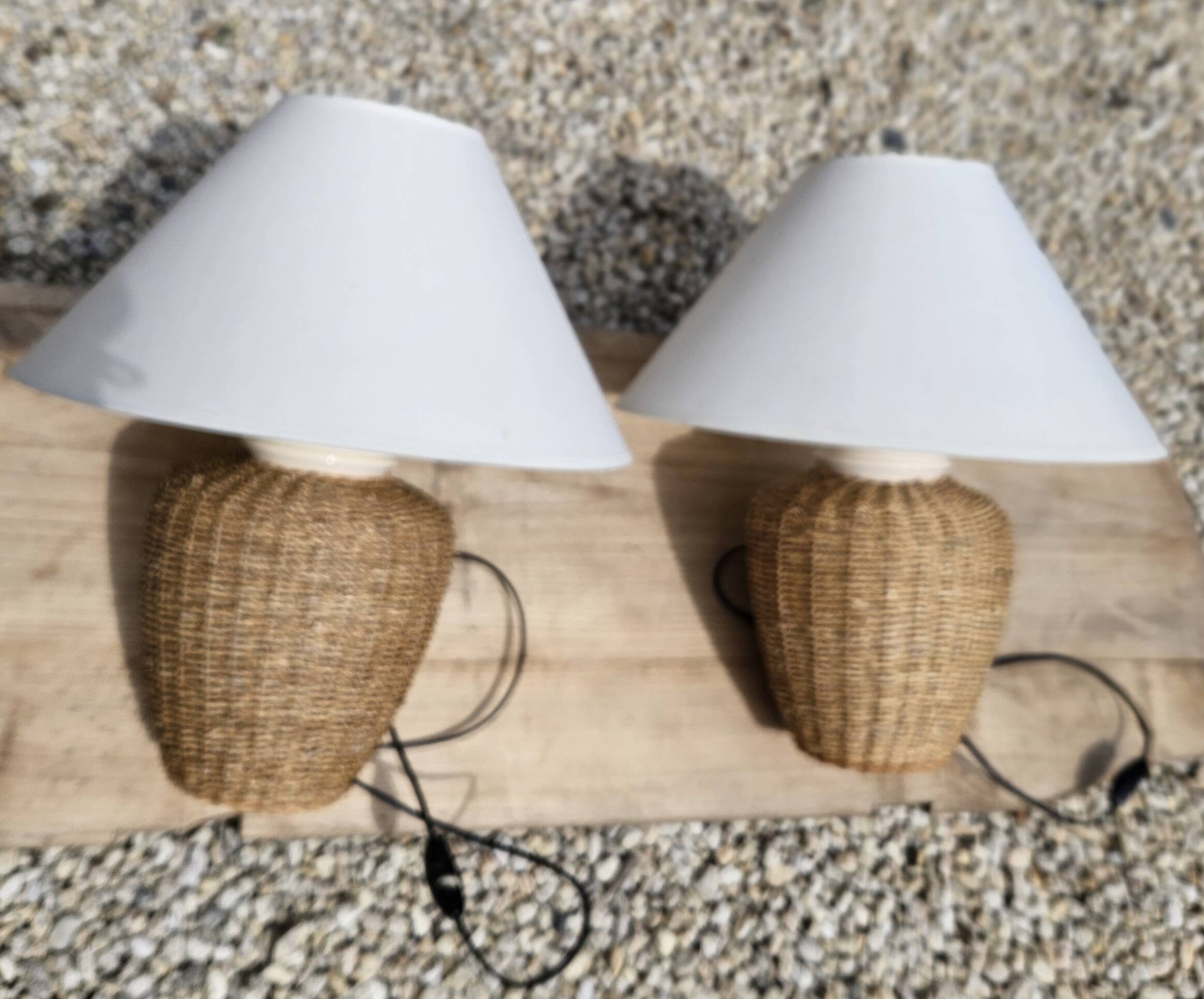 Pair of vintage braided rope bedside lamps