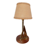 Marine table lamp with wooden base, brass sailboat, jute lampshade