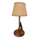 Lampe à poser marine socle bois, voilier laiton, abat jour jute