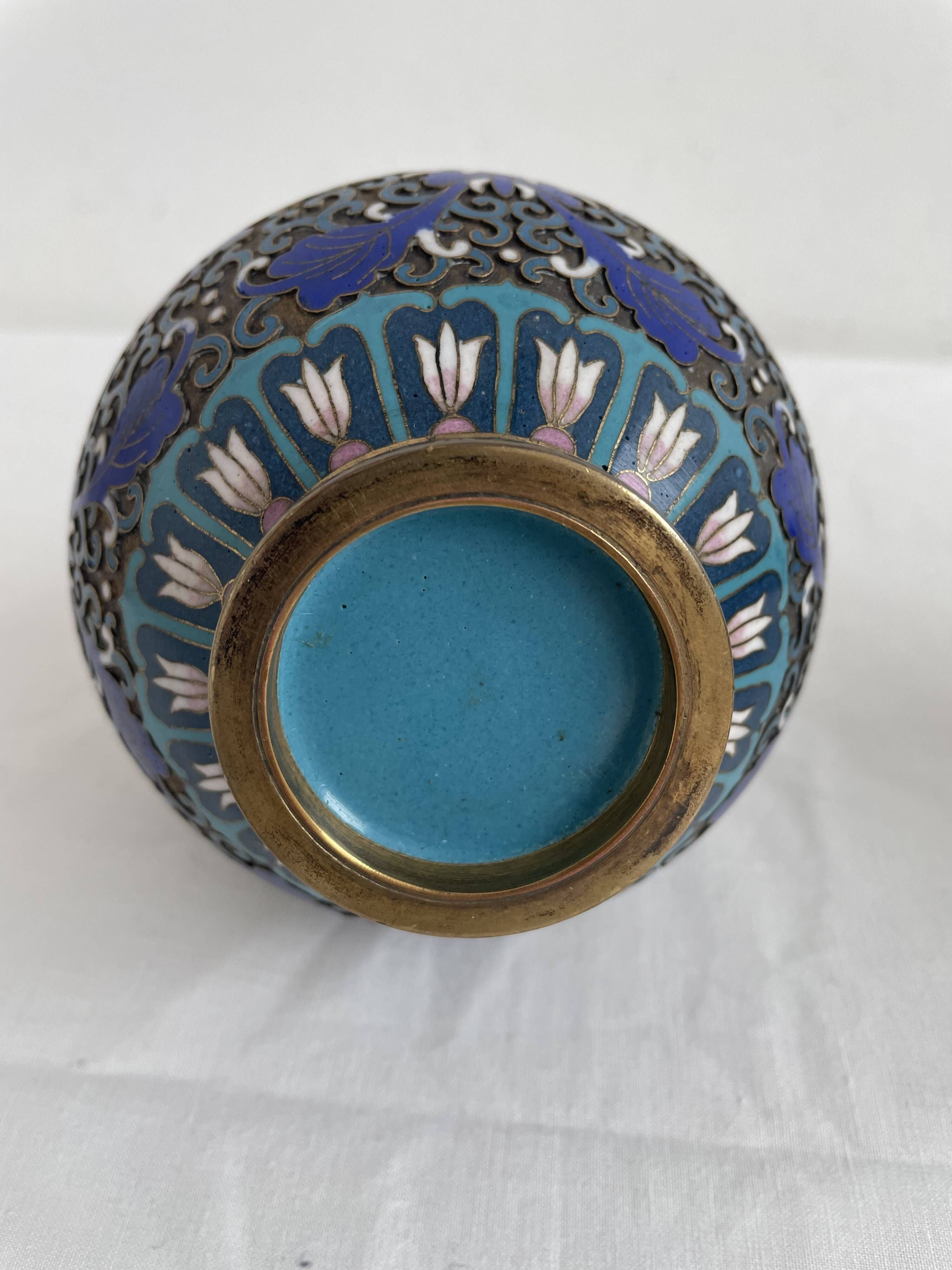 Vintage, pair of vases, Chinese, cloisonné metal, enameled, polychrome floral decor, golden hoop