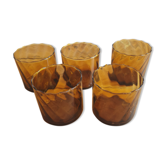 5 amber blown glass water glasses