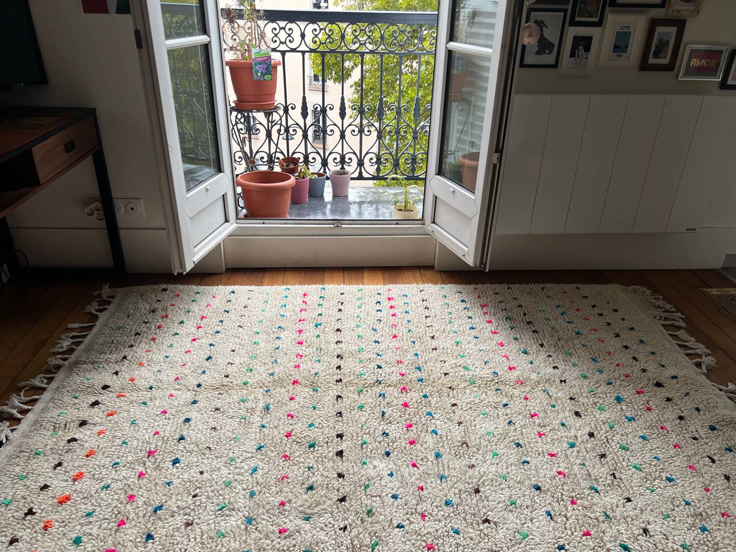 Berber Beni Ouarain handmade rug with small colorful polka dots