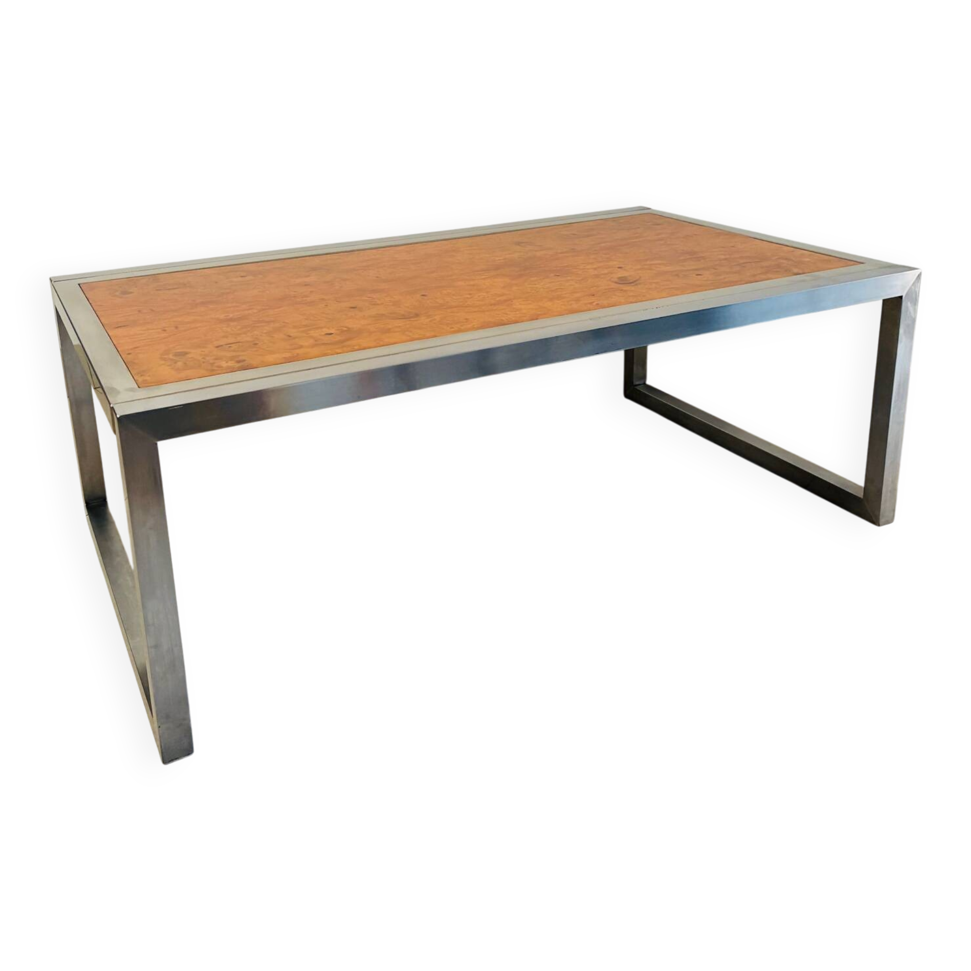Vintage coffee table in elm burl and stainless steel base – Design 1970