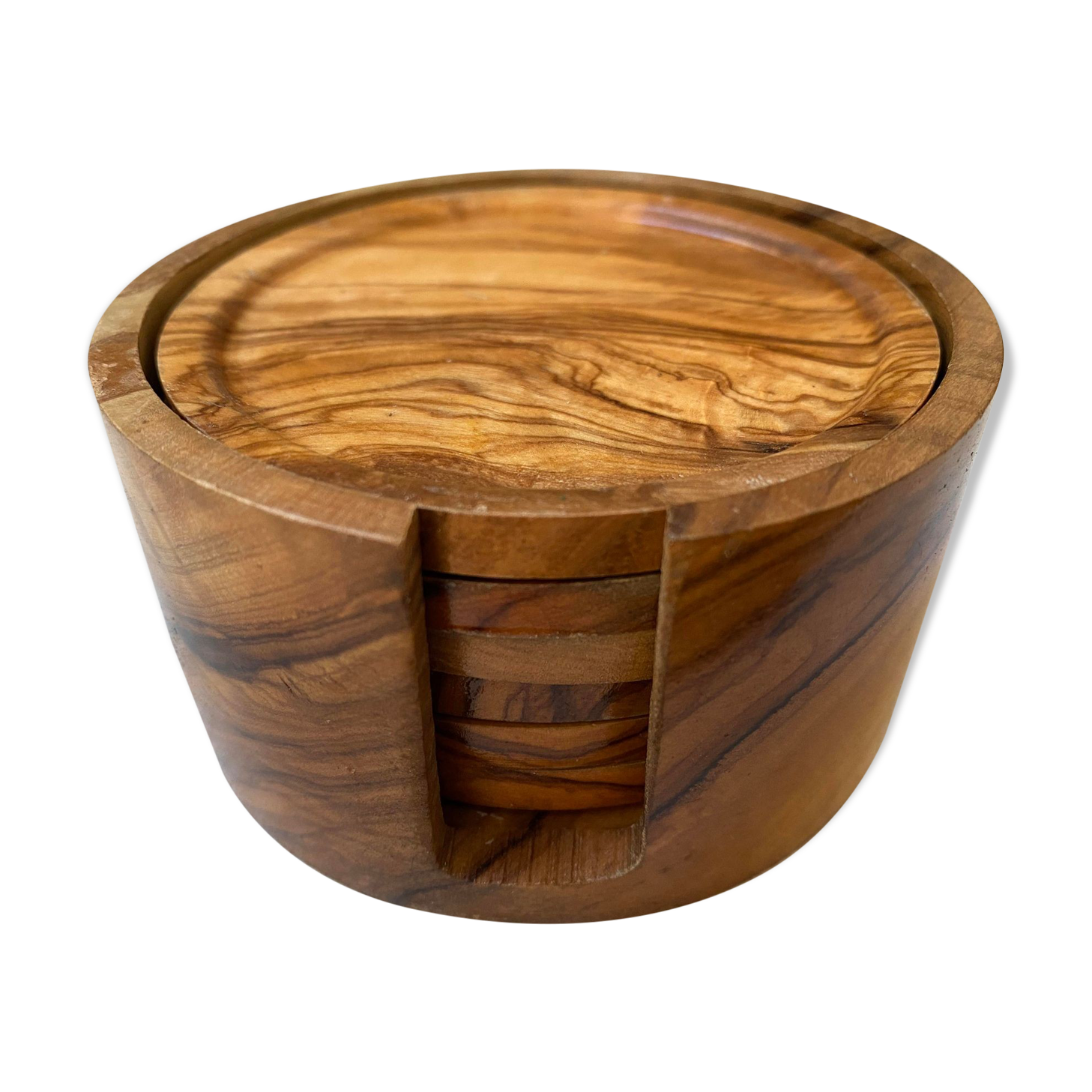 6 coasters in olive wood and their storage box