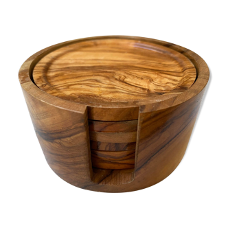 6 coasters in olive wood and their storage box