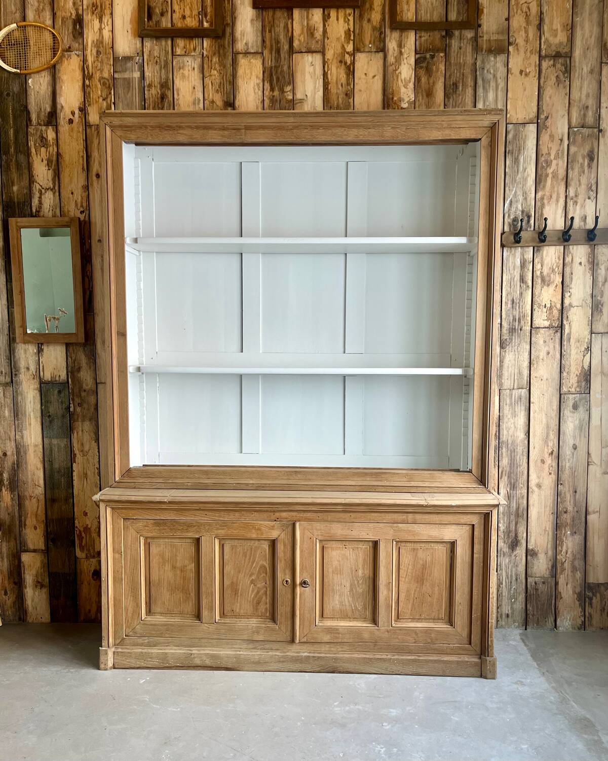 Two-body sideboard, bookcase, dresser in restored solid oak