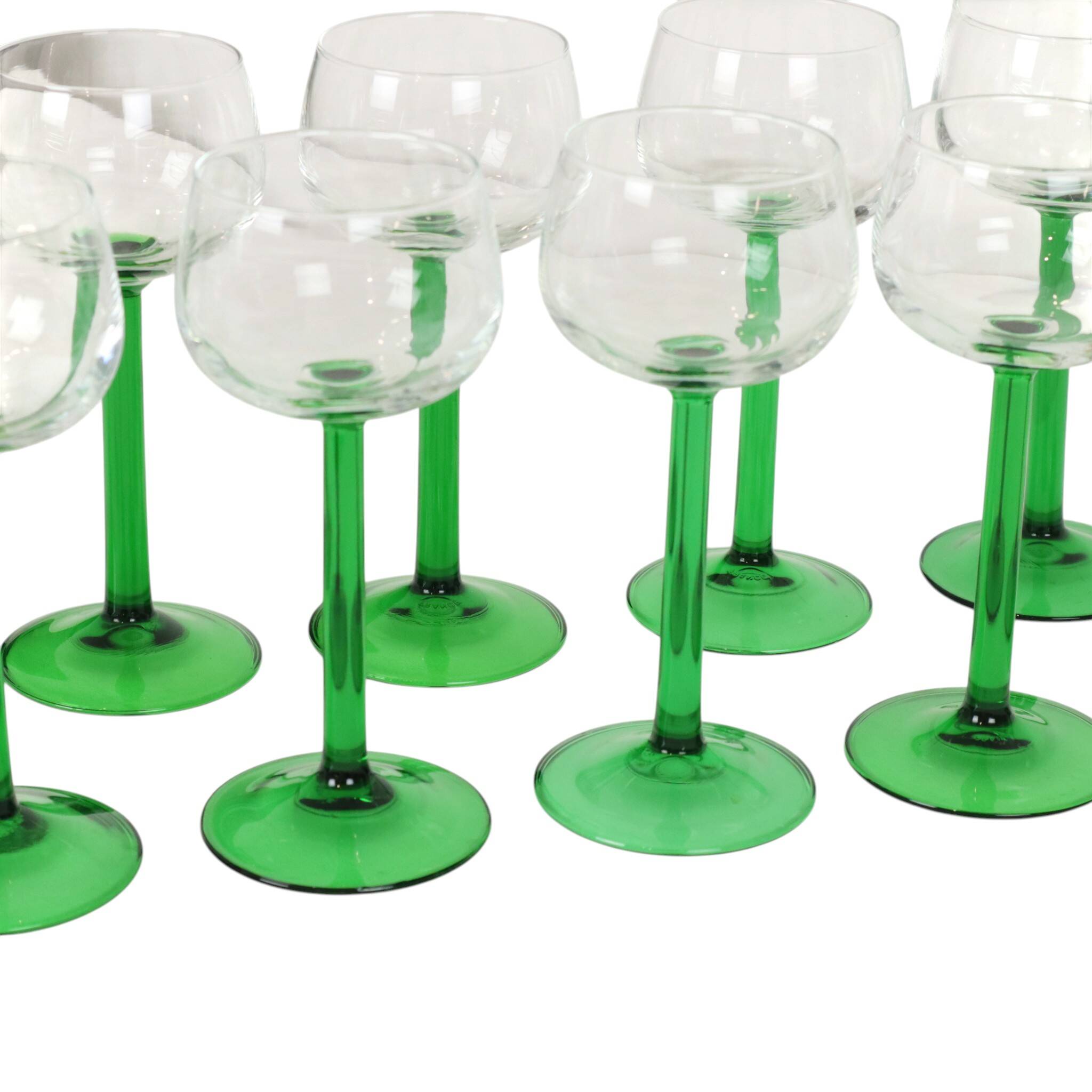 Set of 12 Vintage Luminarc Alsace Wine Glasses Thick Green Stems