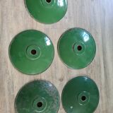 Set of 5 old green metal / industrial style pendant lamps