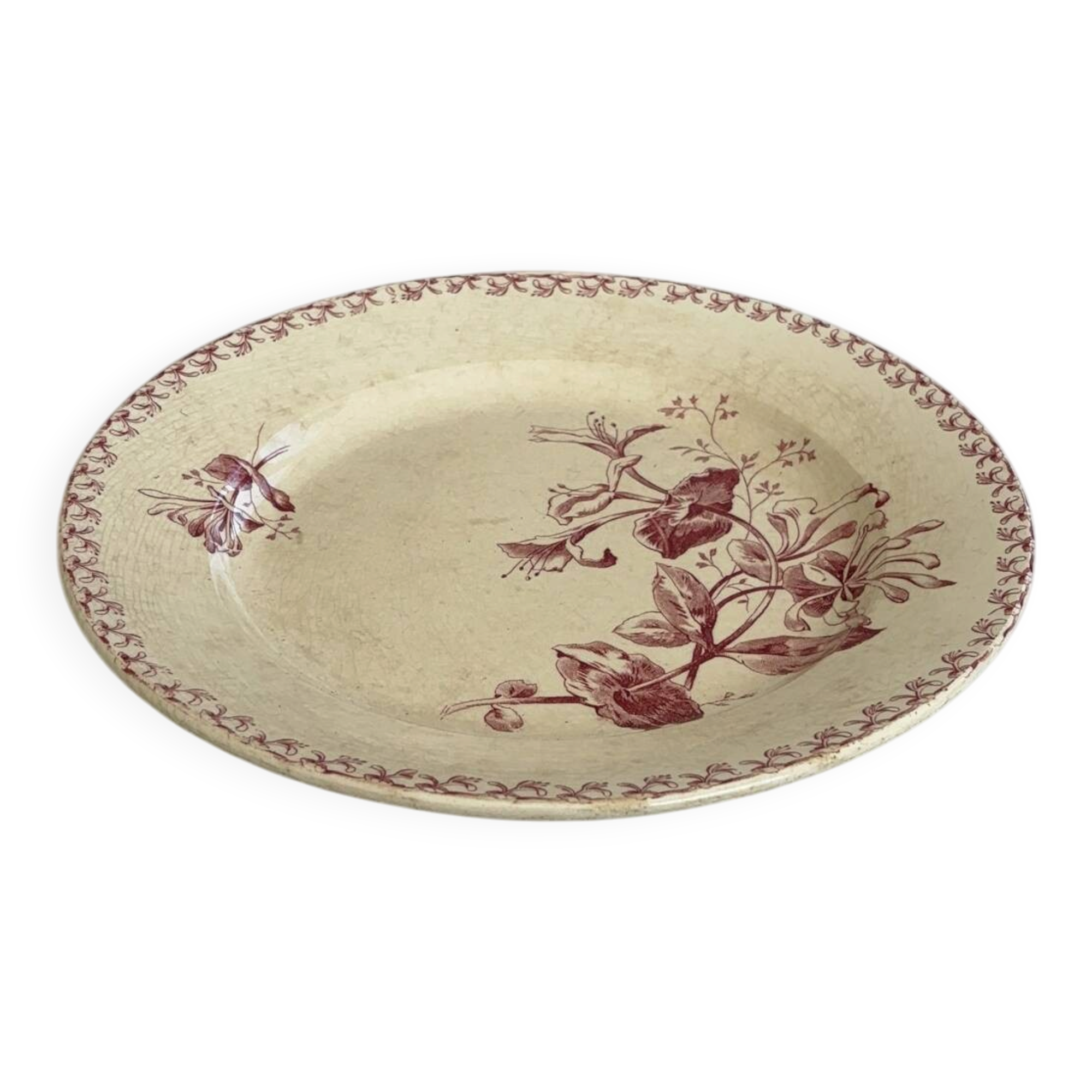 Red iron earth serving dish - Gien honeysuckle - antique earthenware