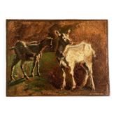 Portrait à la ferme chèvres au pré 19e  huile sur toile