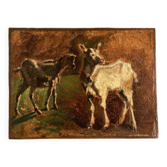 Portrait à la ferme chèvres au pré 19e  huile sur toile