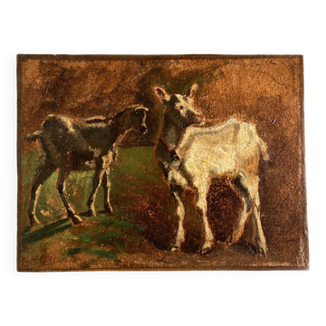 Portrait on the farm goats in the meadow 19th oil on canvas