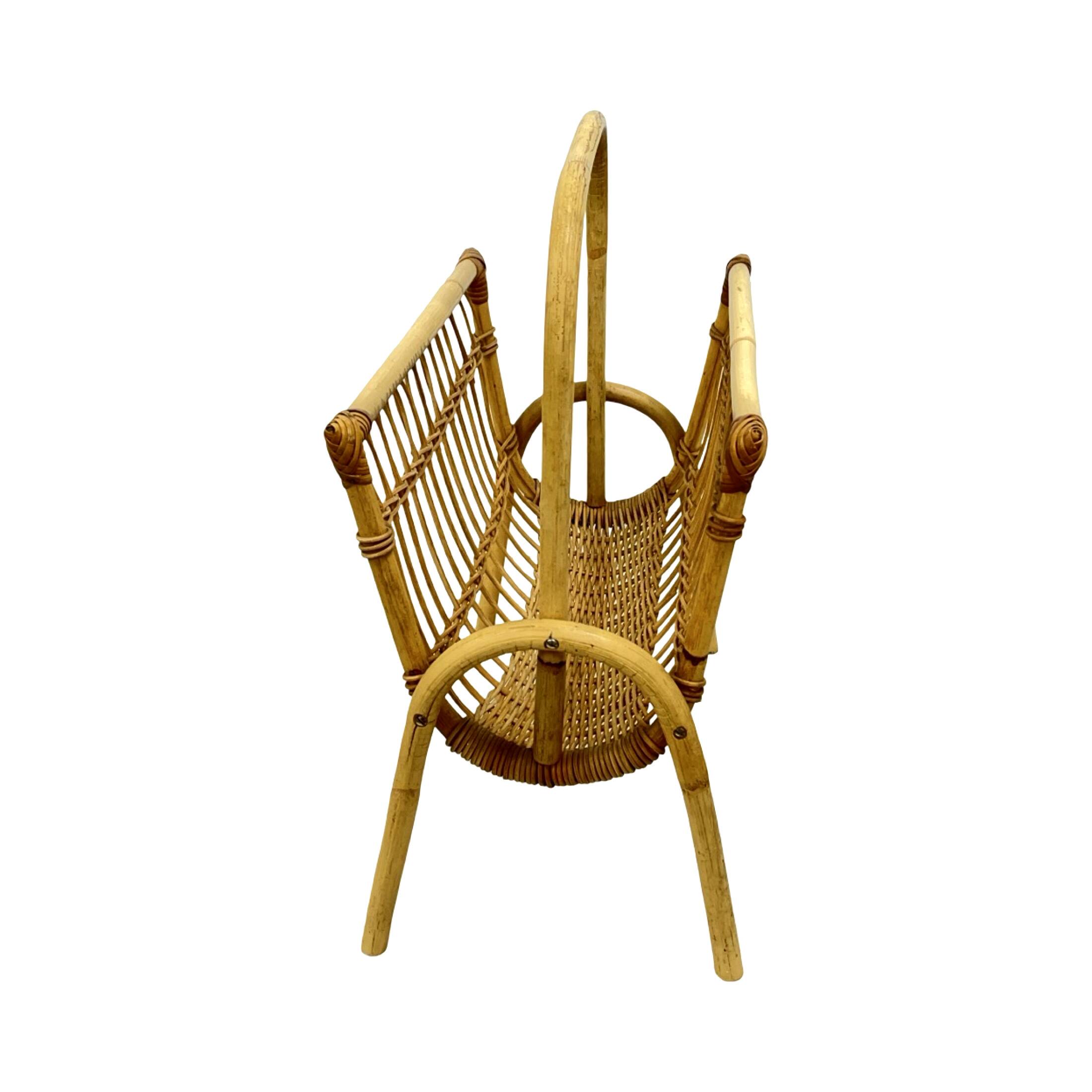 Vintage Wicker Newspaper Rack, Boho/PRL, Franco Albini Style, Italy 1970s