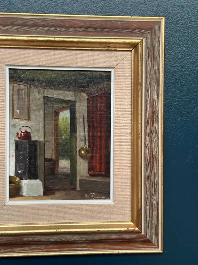 Original Swedish Oil on Canvas – 'Kitchen II' by Osvald Rasmussen – Signed – Vintage and Framed – 41 × 37 cm (16.1" × 14.6")