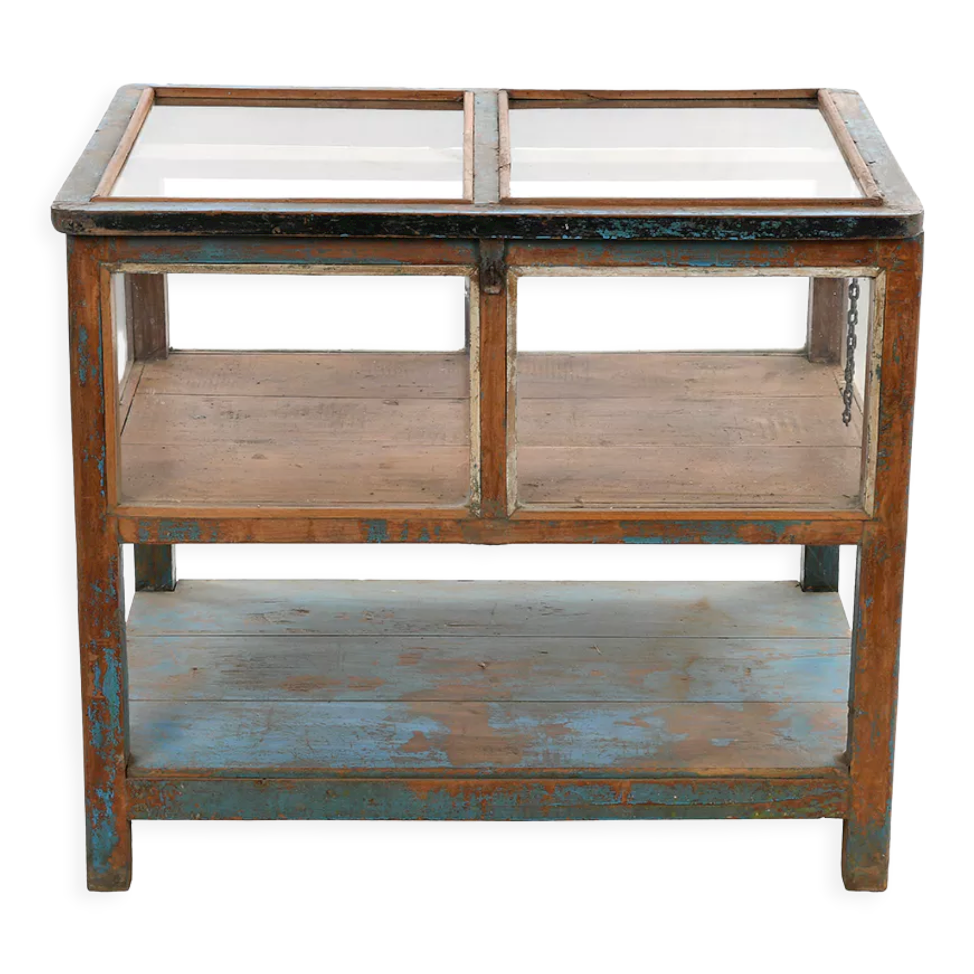 Display case in patinated wood