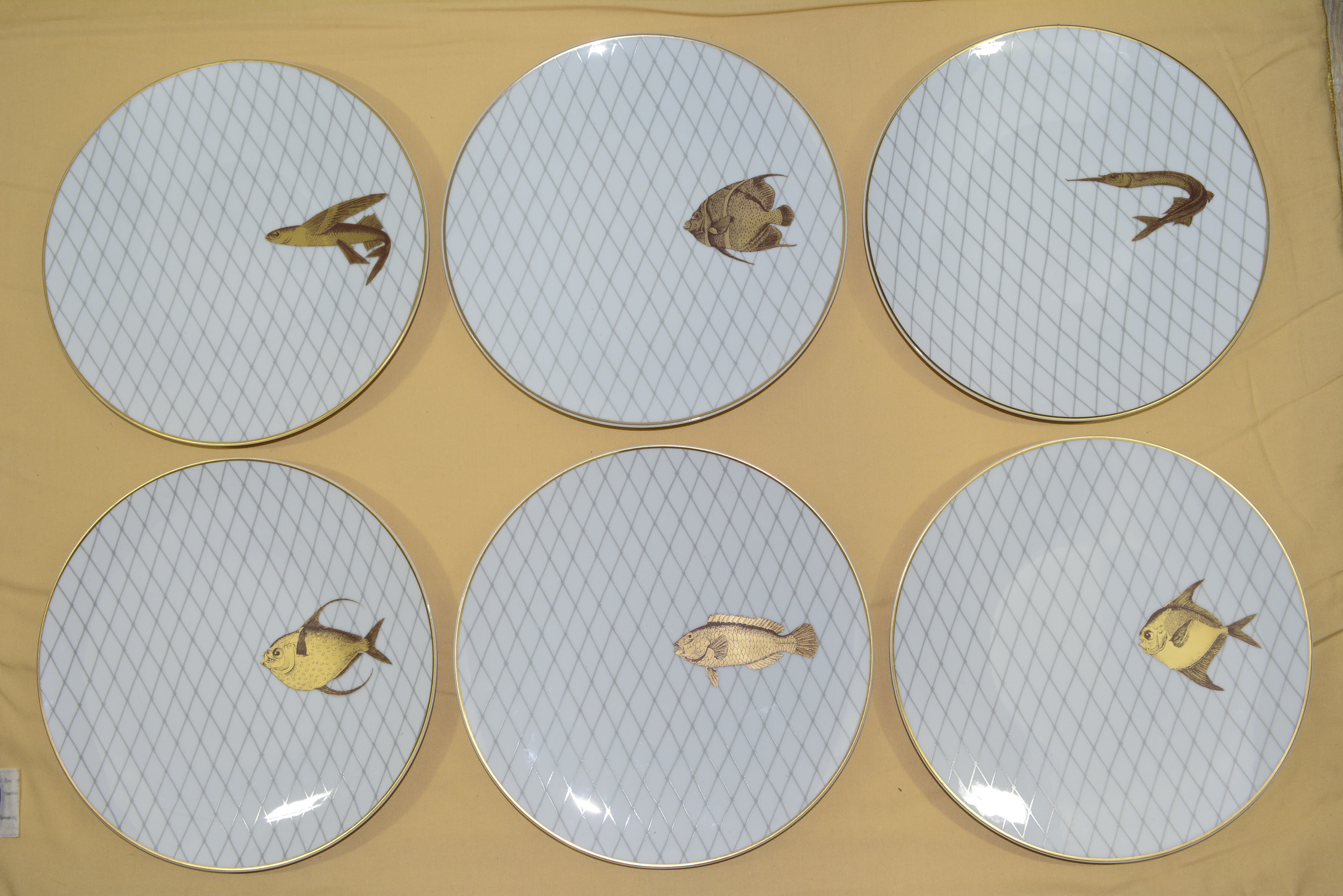 Set of 6 golden dinner plates - Les Poissons d'or - Ateliers Bernardaud