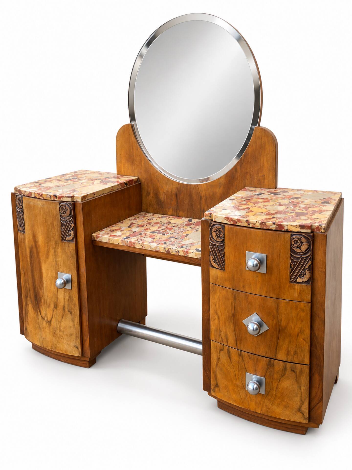 Ensemble coiffeuse 1930 Art Déco en Noyer avec dessus marbre et chevet