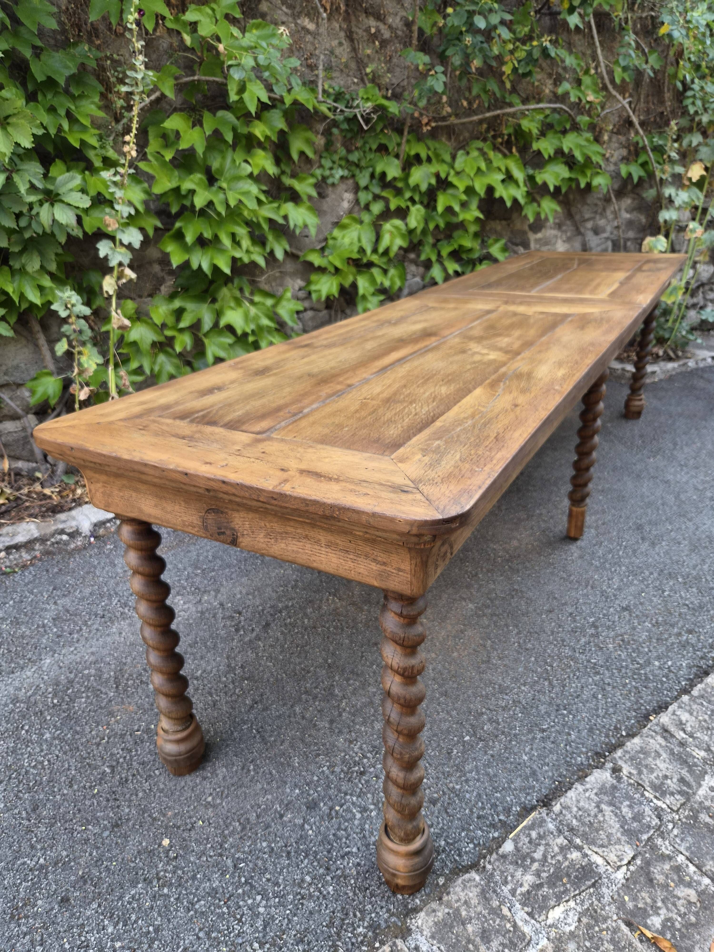 Antique French draper's table in oak, shop counter, work table, 6 feet, circa 1750–1850.
