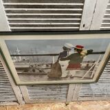 Old Color Print Sailor Children On The Naval Port + Green Wood Frame #B540