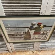 Old Color Print Sailor Children On The Naval Port + Green Wood Frame #B540