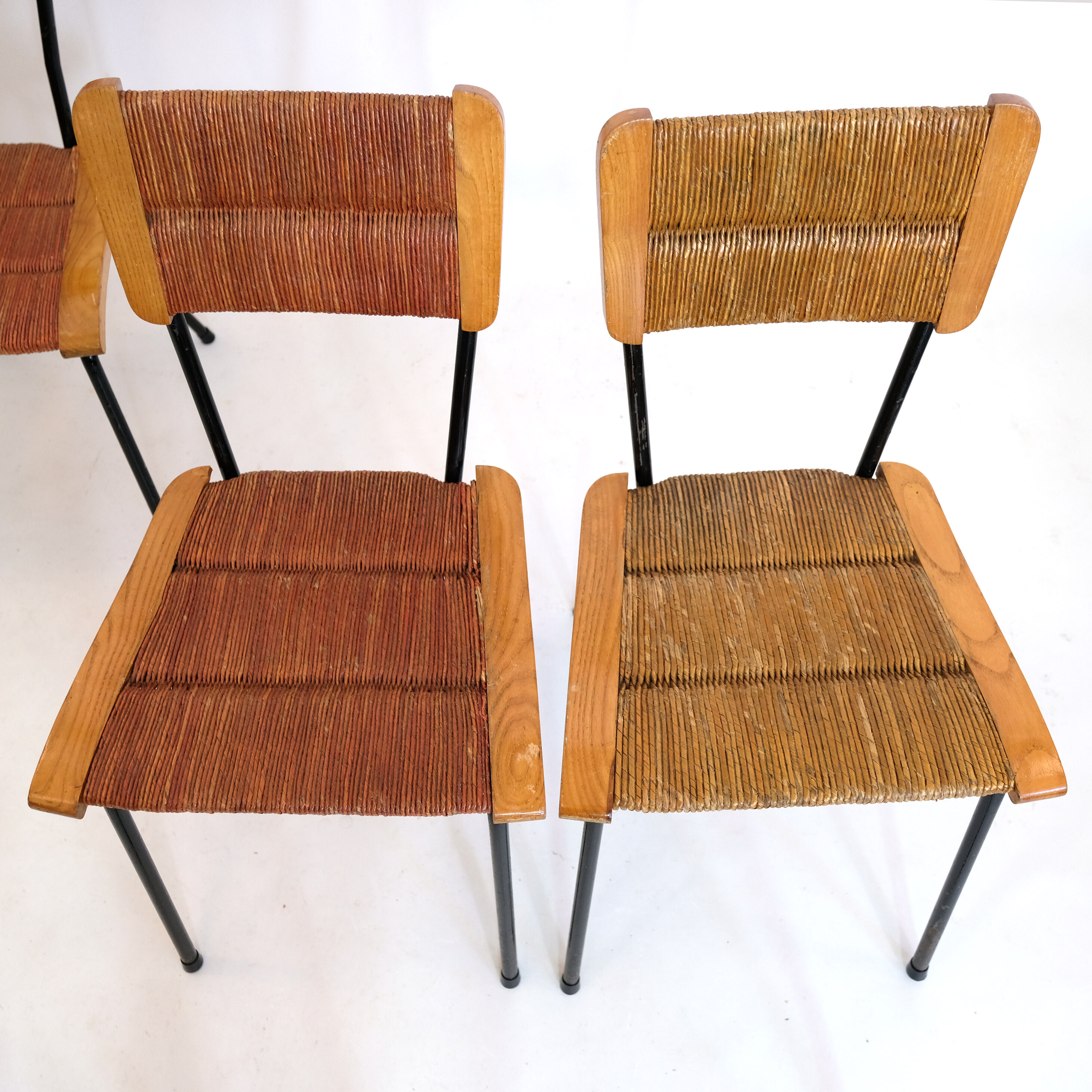 Suite of 6 chairs, wood straw and metal from the 50s