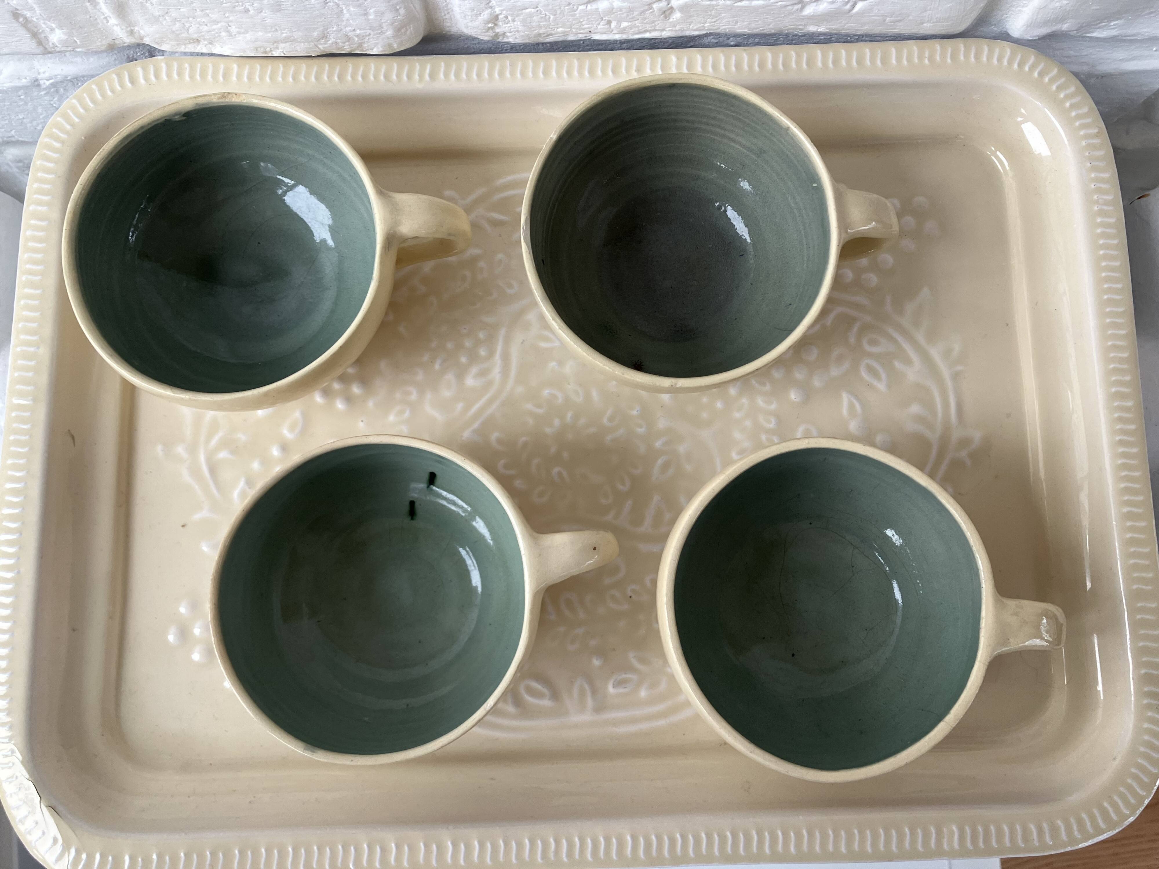 4 handcrafted beige & blue glazed earthenware cups