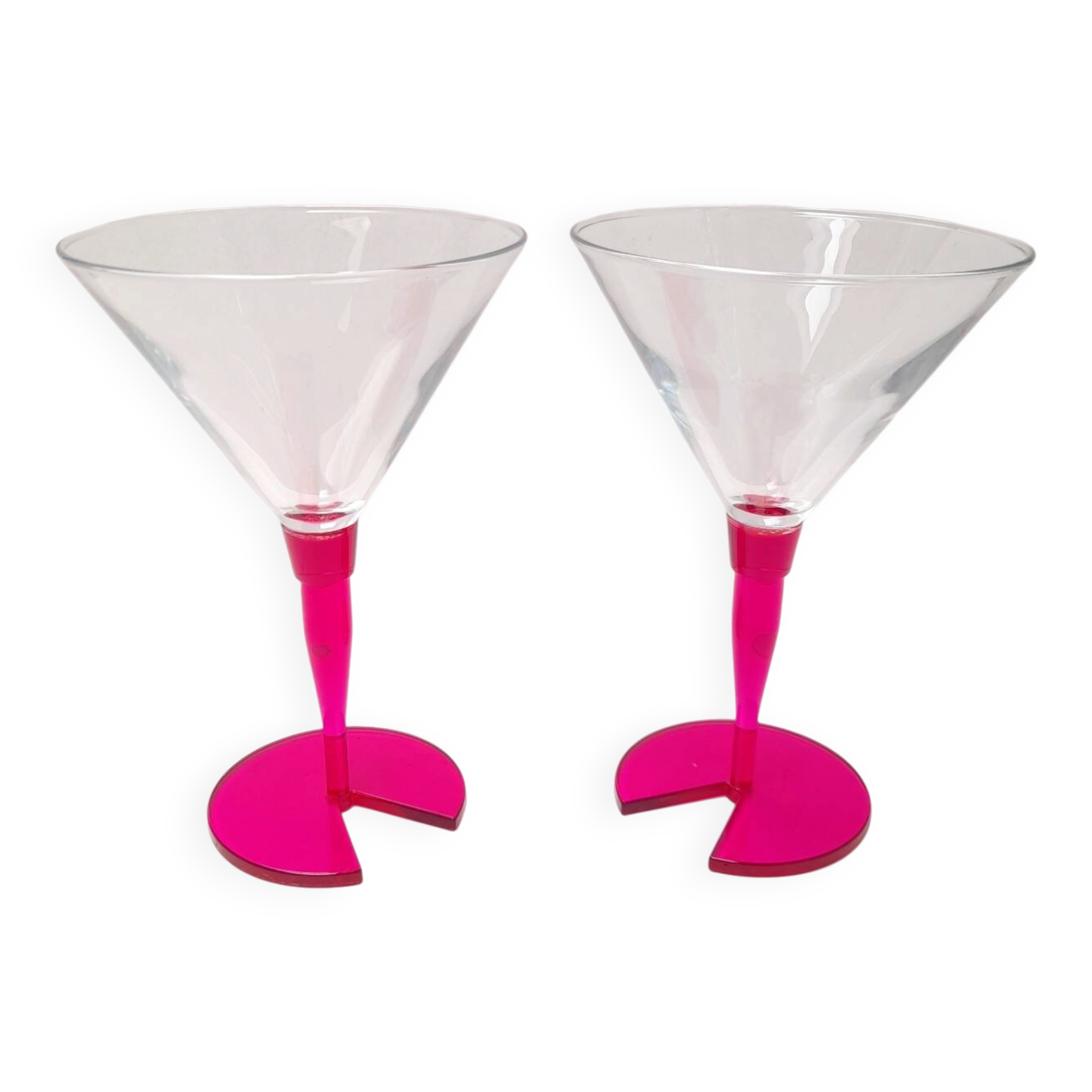 Pair of bright pink cocktail glasses from the 80s.