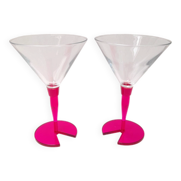 Paire de verres à cocktail rose vif années 80