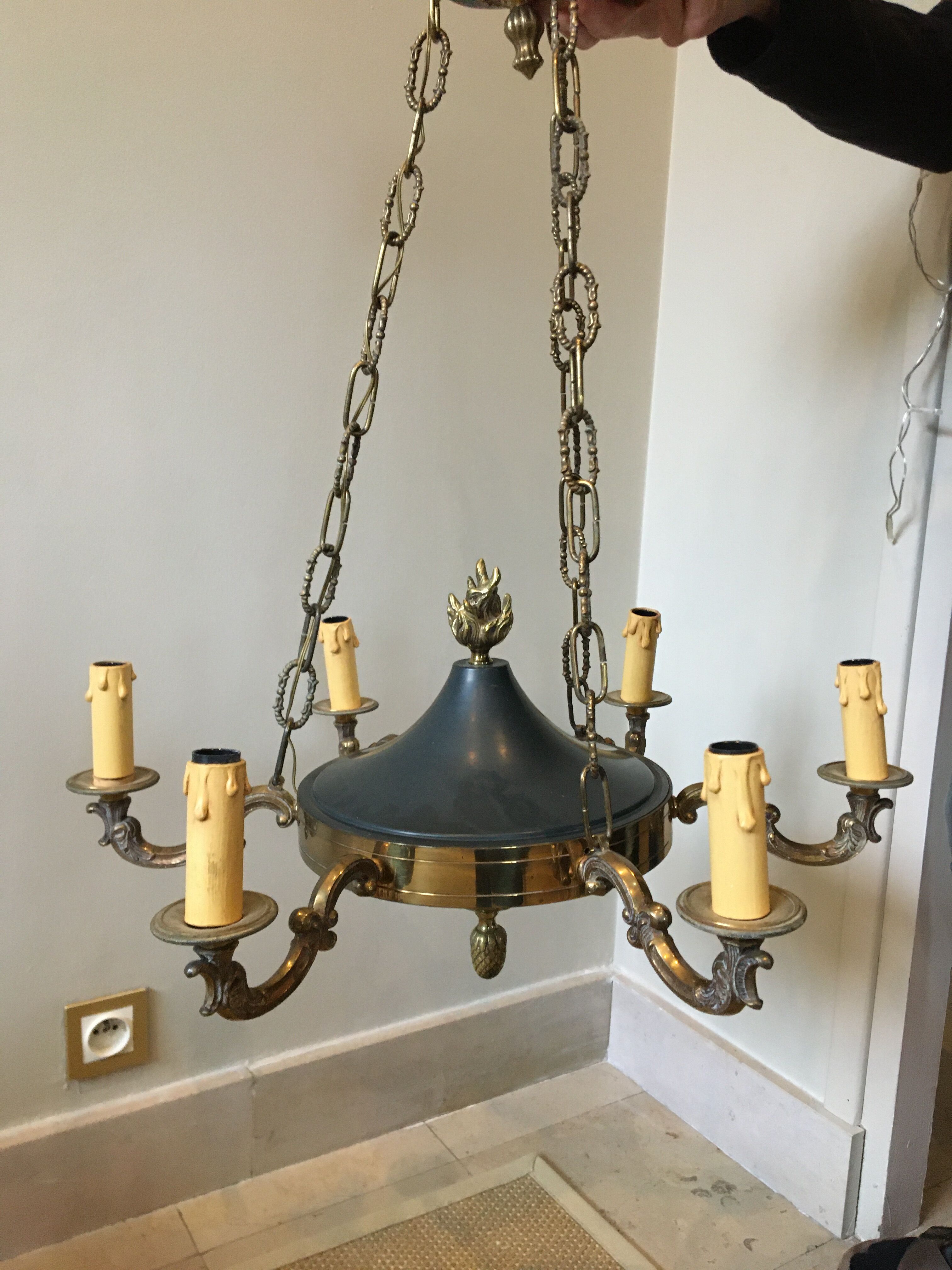 Suspension/chandelier, metal and bronze, 6 arms candles