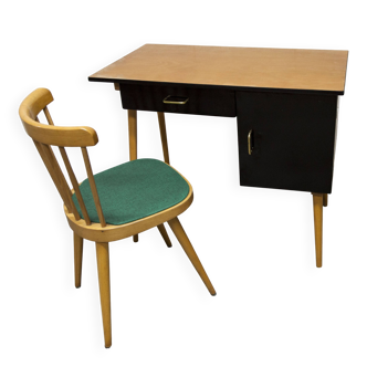 Baumann desk and chair, 1960s, Formica, wood and black, green seat