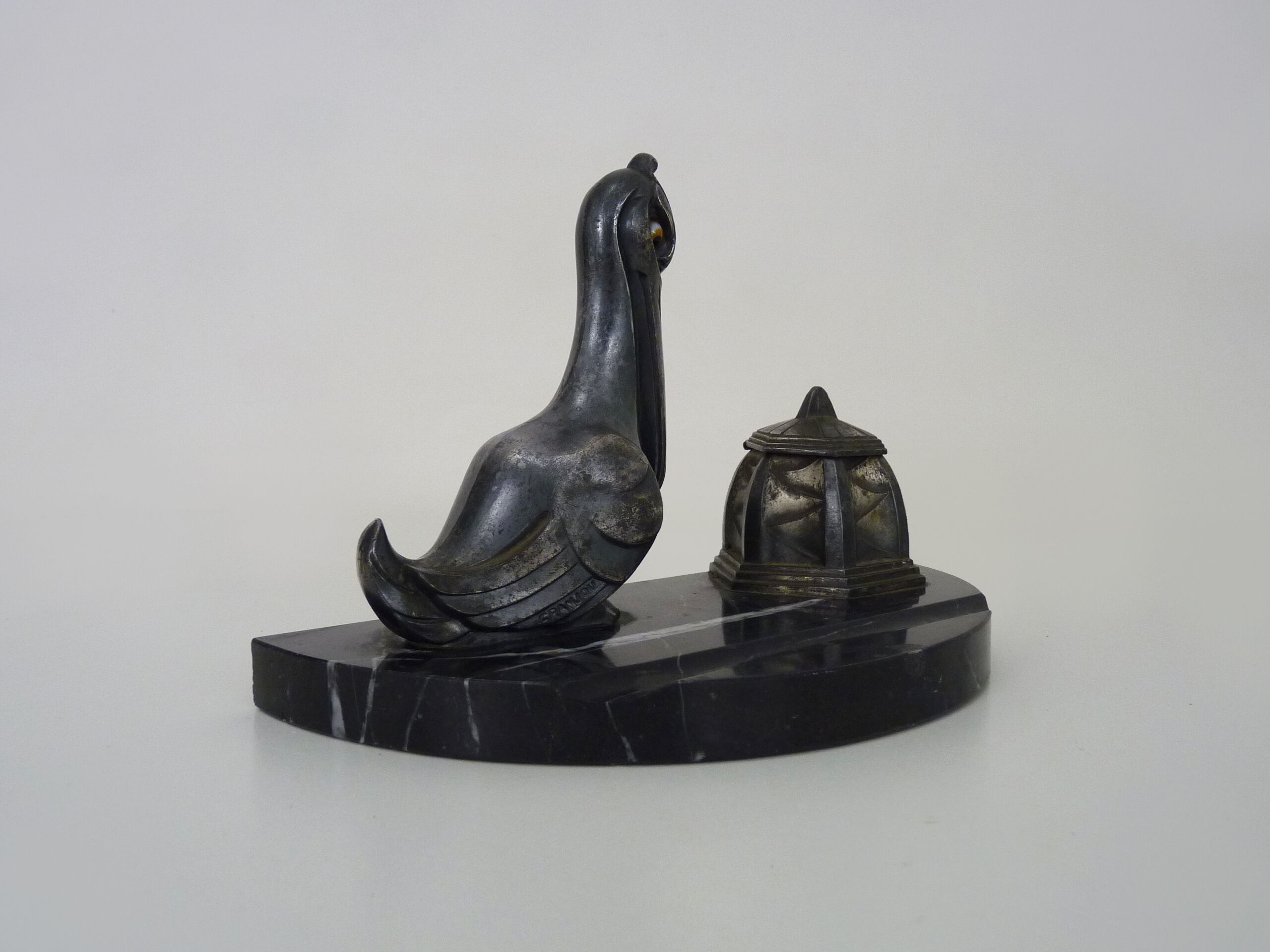 Regulated inkwell and marble signed Franjou pelican art deco