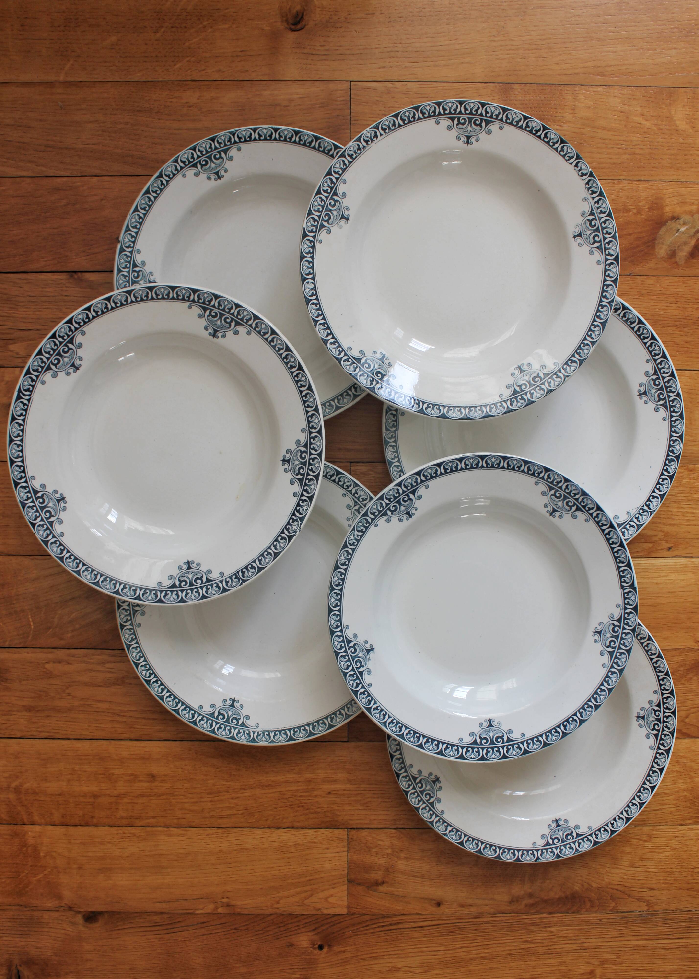 7 ironstone soup plates from Adrianople, Saint Amand and Hamage