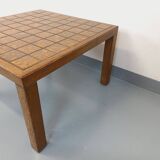 Vintage square coffee table in oak wood and ceramic from the 60s and 70s