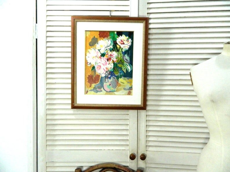 Framed floral oil painting, peony vase