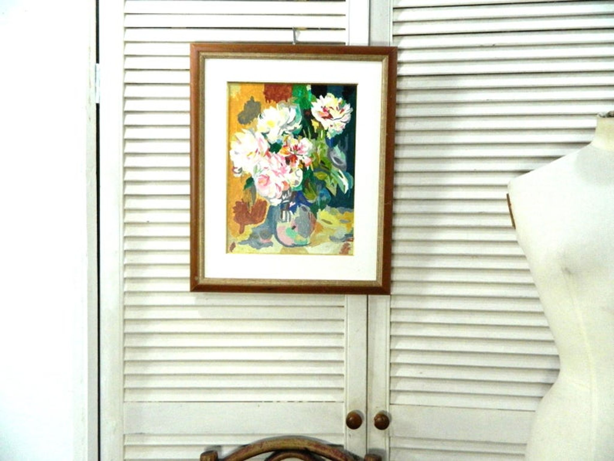 Framed floral oil painting, peony vase