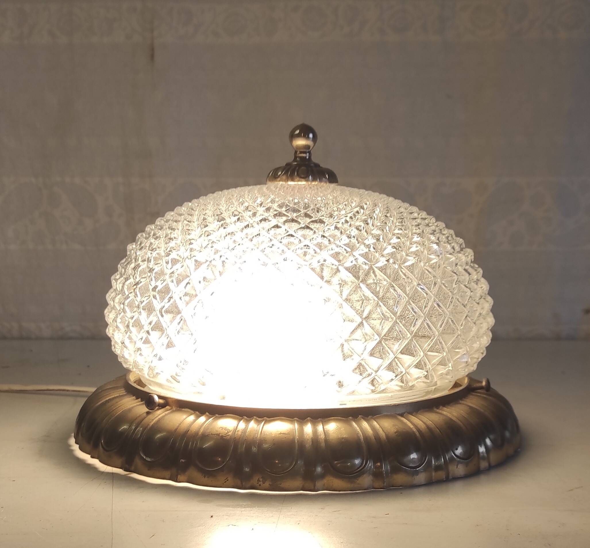 Golden brass ceiling light with diamond-shaped moulded glass - 1980s