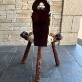 Vintage brutalist tripod chair in wood and leather