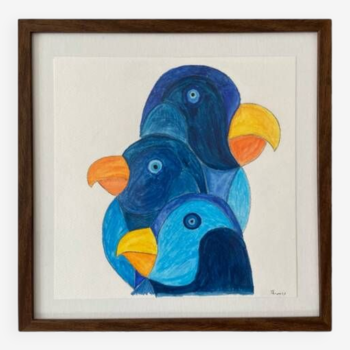 Original watercolor 3 parrots framed