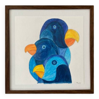 Original watercolor 3 parrots framed