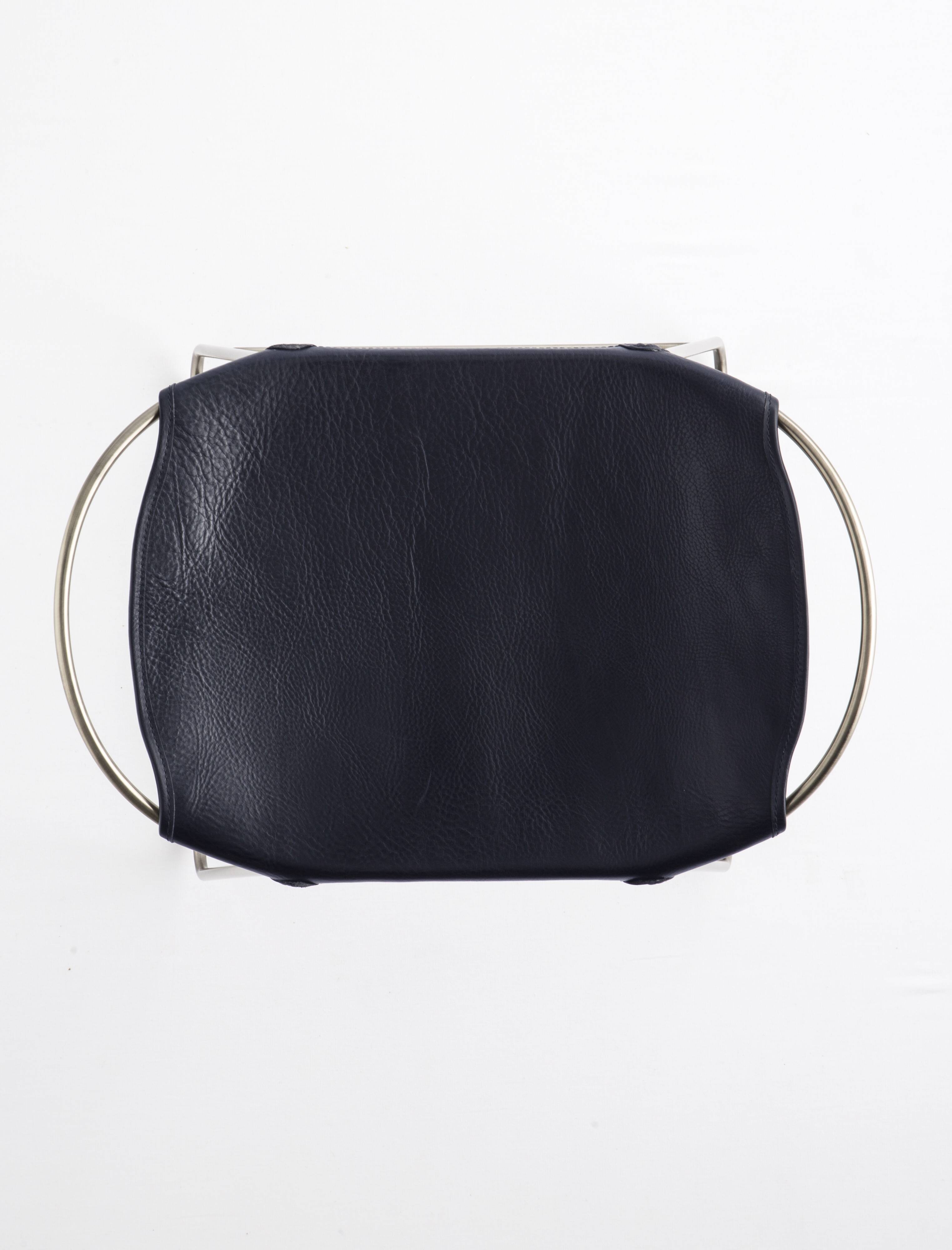 Contemporary Kitchen Counter Barstool Old Silver Steel & Navy Blue Leather