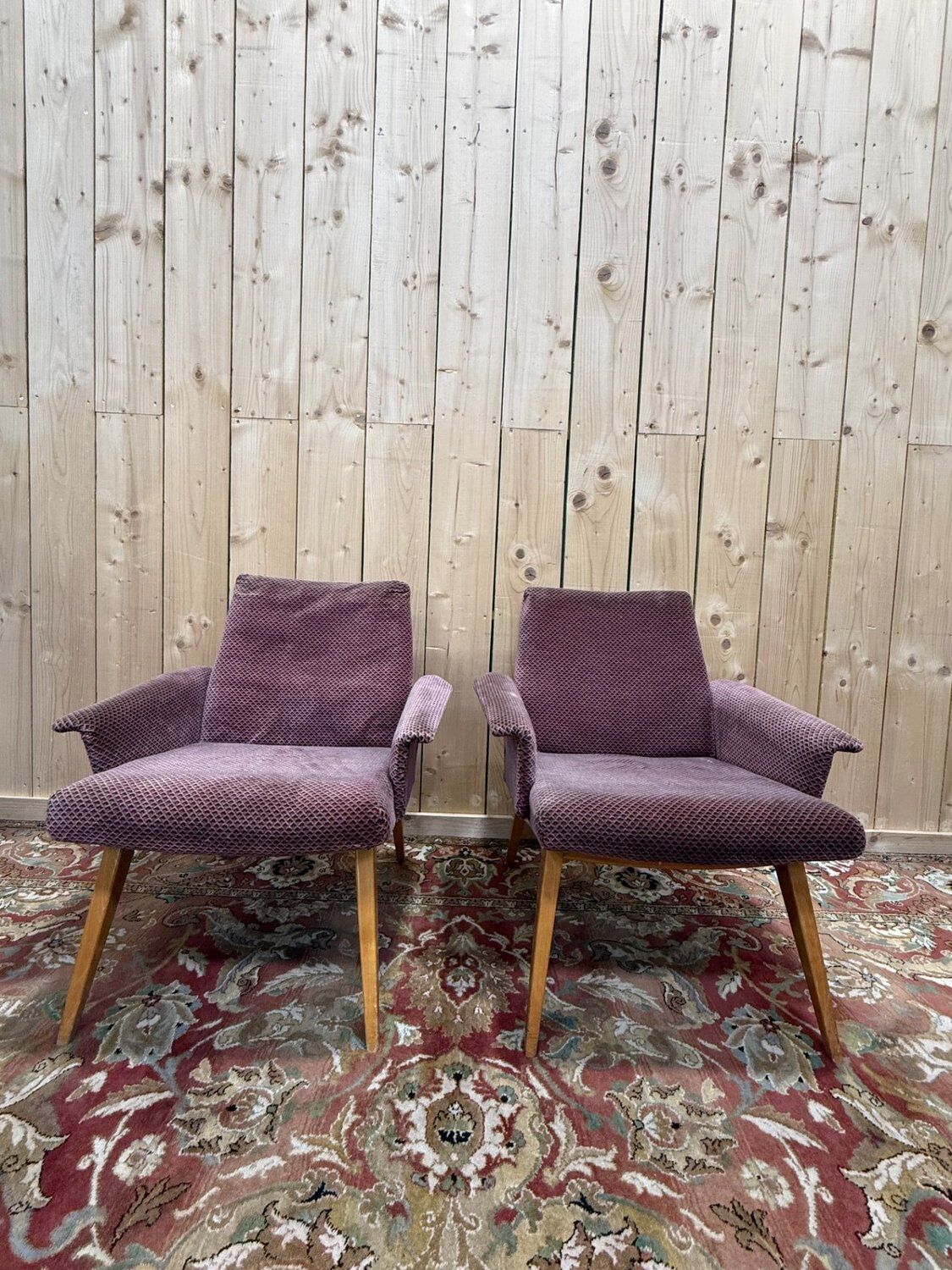 Pair of lounge chairs – 1950s/60s – Karl Laible – Oak and velvet