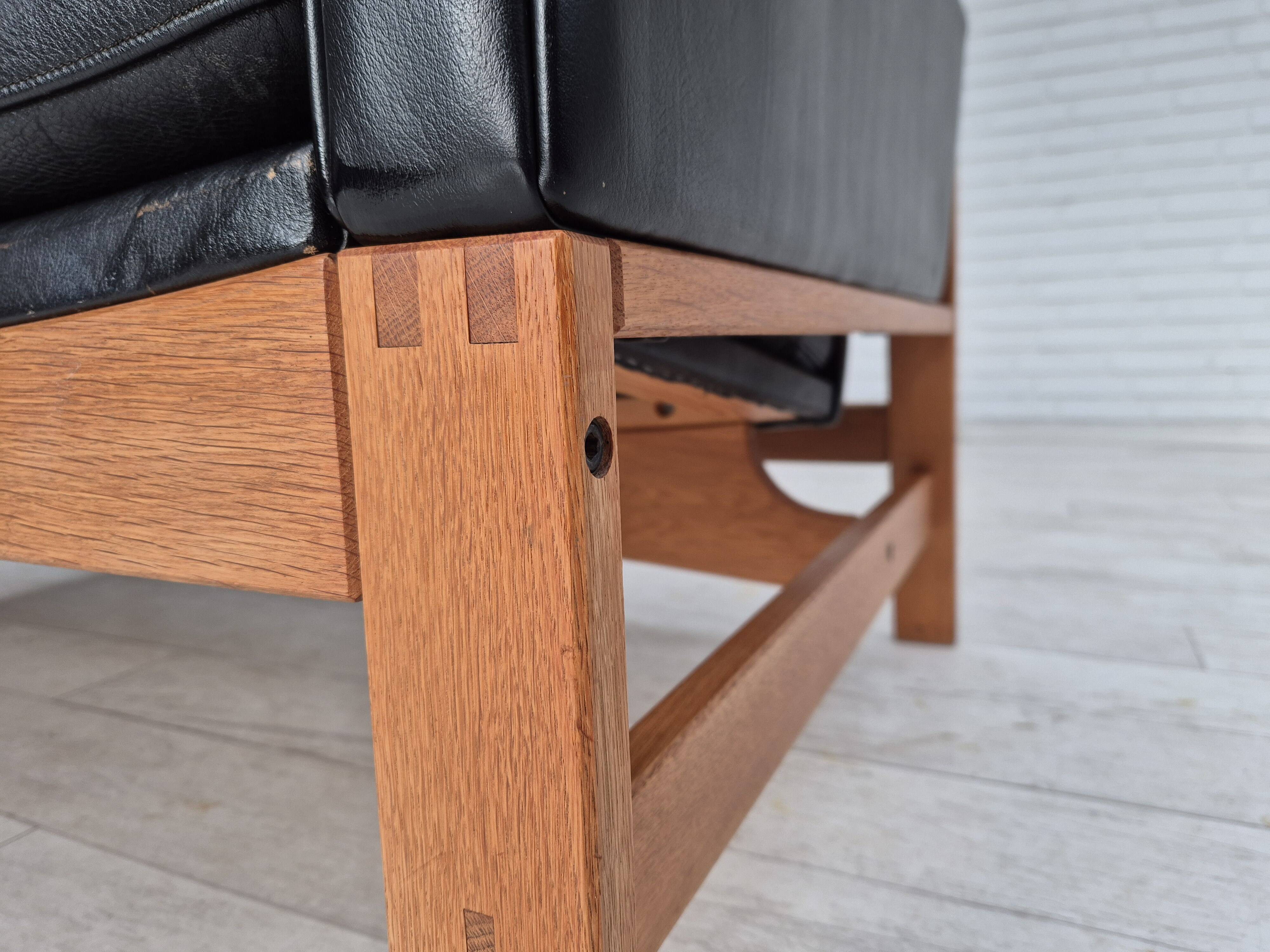 1960s, Danish 2-seater sofa in original condition, furniture leather, solid oak wood.