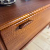Low vintage sideboard with drop-down door – Scandinavian design 1960s, teak and elegant details