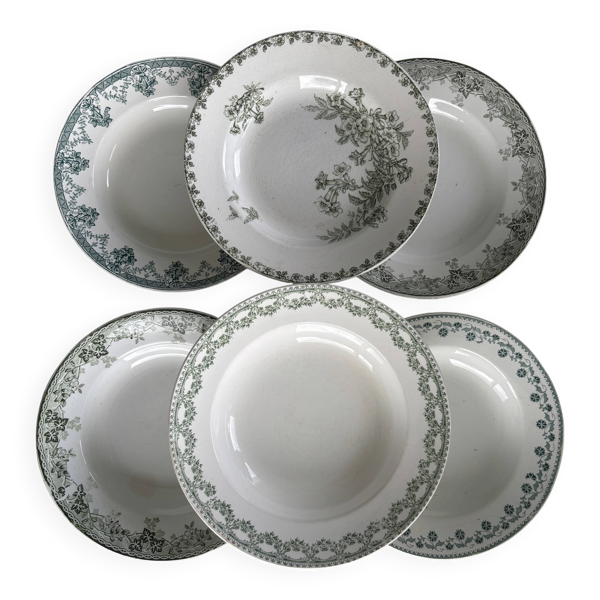 Lot de 6 assiette creuse terre de fer bleu et vert faïence française a