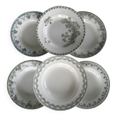 Set of 6 blue and green ironstone deep plates, French earthenware.