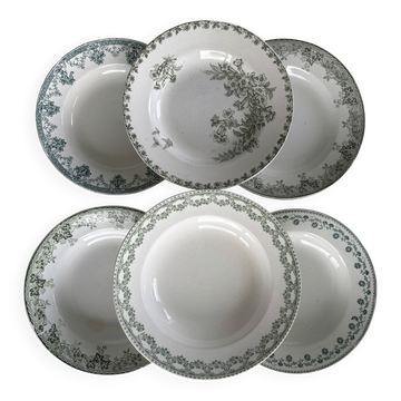 Set of 6 blue and green ironstone deep plates, French earthenware.