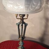 lampe ancienne patine bronze acier  et opaline blanche art deco 43x22