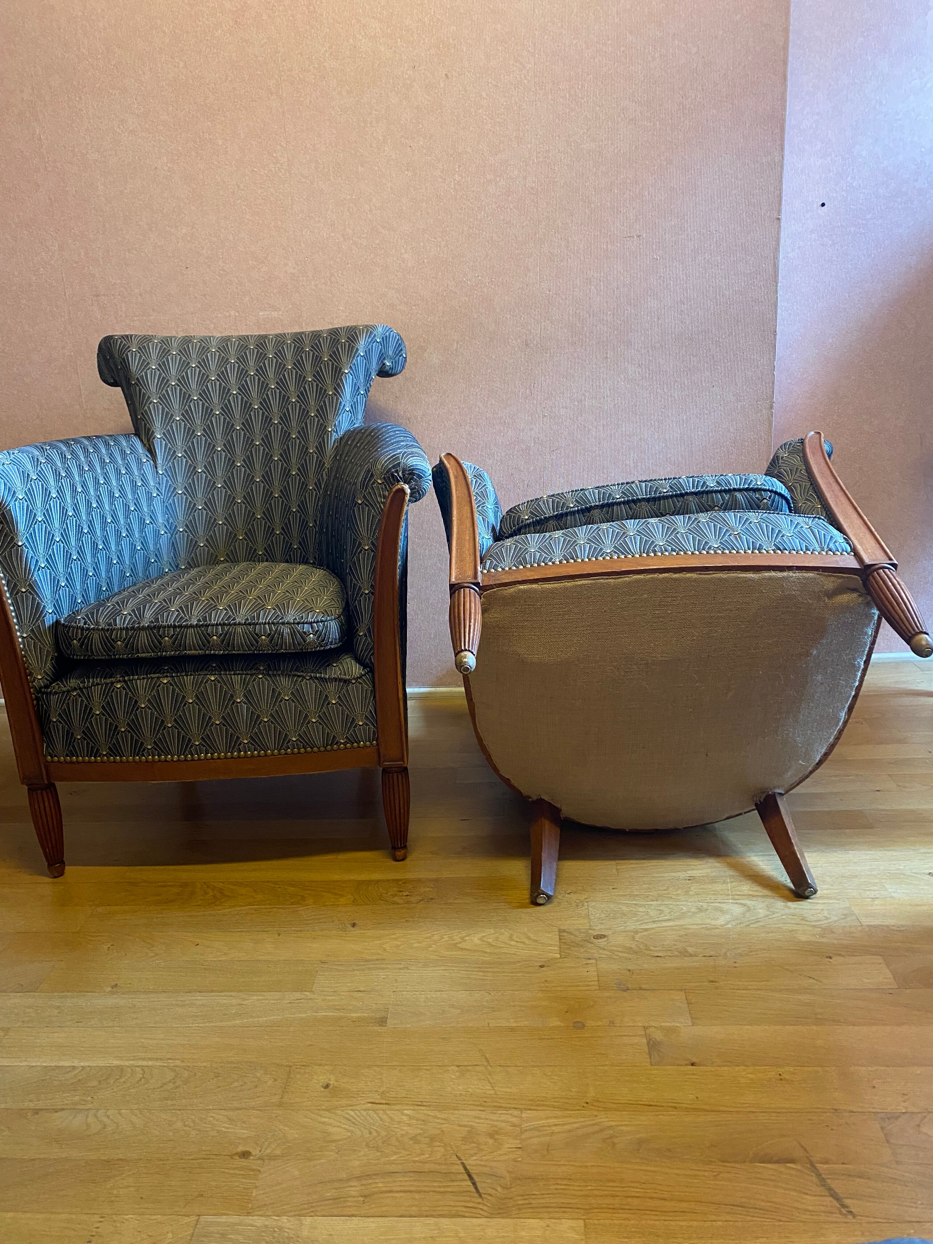 Pair of Art Deco style armchairs, refurbished. Upholstery fabric for armchairs.